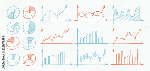 Graph sketch. Hand drawn data chart, doodle infographic pie or computer progress arrow. Finance report. Bar graphs, business analytics, reporting, statistics, performance vector icons set