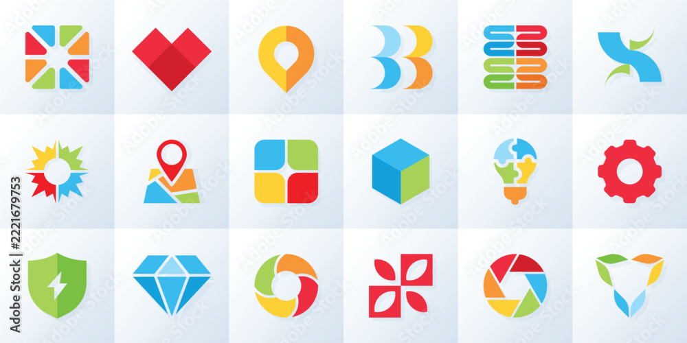 Fototapeta premium Logo elements. Abstract arrow icon, flat chevron design or circle medical logotype. Hexagon geometric star. Branding marks for business identity, app interface, navigation sign. Vector symbol