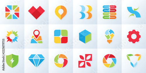 Logo elements. Abstract arrow icon, flat chevron design or circle medical logotype. Hexagon geometric star. Branding marks for business identity, app interface, navigation sign. Vector symbol