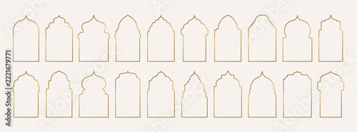 Islam arch. Ramadan door frame, indian pattern on window shape or arabian gate border with simple art. Architectural silhouettes decorative borders. Vector line isolated elements for design