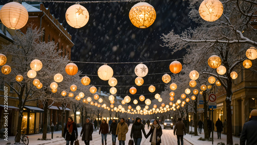 Rows of warm lanterns illuminate a historic passage