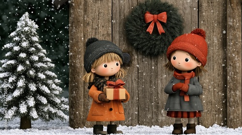Children celebrate winter with gifts in a snowy setting near a wooden cabin with a wreath