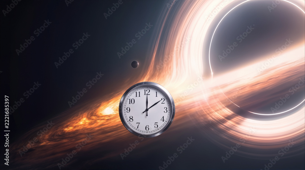 Fototapeta premium Analog clock floating in deep space near massive black hole. Time dilation and relativity concept in interstellar environment.