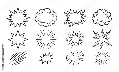 Set of hand-drawn doodle comic book explosion and impact effect elements vector illustration