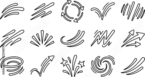 Set of black outline vector motion speed and wind effect elements featuring arrows swirls and lines