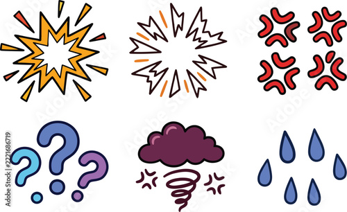 Manga and Comic Visual Elements Set, Speech Burst, Angry Vein, Question Marks, and Dynamic Motion Lines Clipart