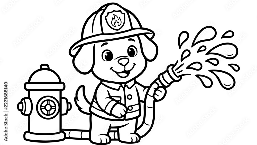 Obraz premium Brave Firefighter Dog With Water Hose Coloring Page
