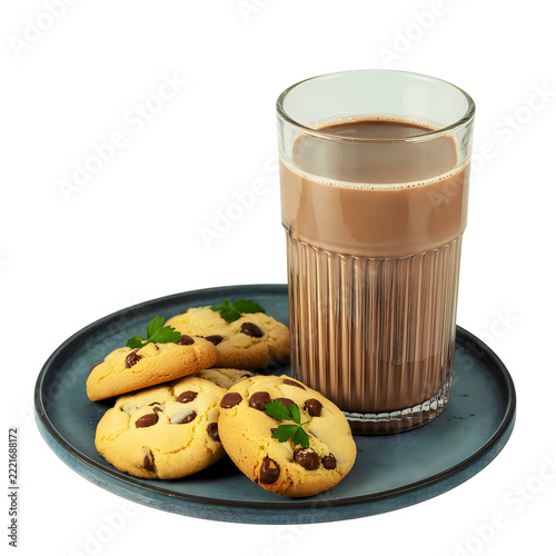 Chocolate milk in glass with chocolate chip cookies isolated on transparent background for commercial food design