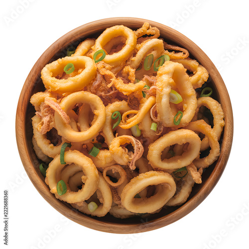 Fried calamari rings in a wooden bowl isolated on transparent background