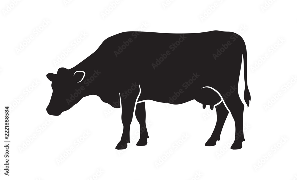 Obraz premium Black silhouette of a standing dairy cow isolated on a simple plain white background