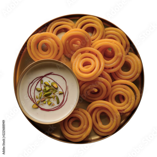 Jalebi sweets with rabri dip isolated on transparent background for Indian dessert menu design