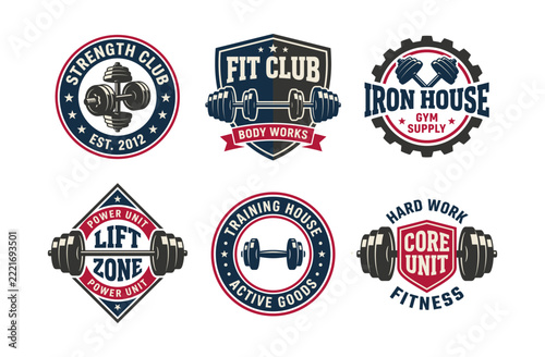 Set of retro fitness and gym badges featuring dumbbells, barbells, and typography in vintage vector illustration style