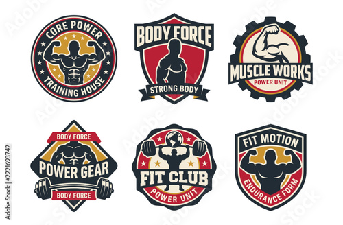 Set of retro fitness and gym badges featuring bodybuilders, barbells, and typography in vintage vector illustration style