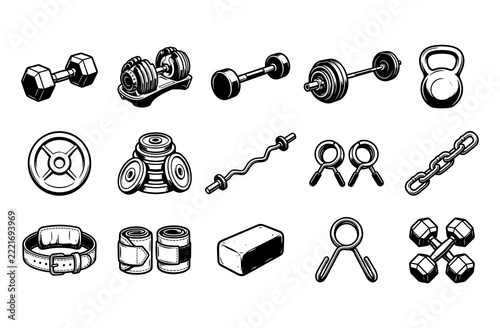 Set of retro fitness and weightlifting icons featuring dumbbells, barbells, kettlebell, weight plates, and gym accessories in vintage black and white