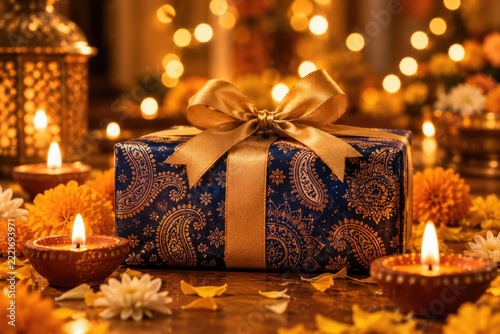 Beautiful Diwali gift box decorated with a traditional glowing oil lamp and vibrant marigold flowers