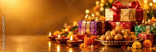 Beautiful Diwali gift box decorated with a traditional glowing oil lamp and vibrant marigold flowers