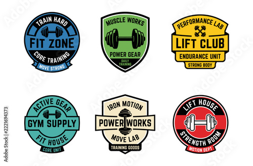 Set of retro fitness and gym badges featuring barbells, dumbbells, and typography in colorful vintage vector illustration style