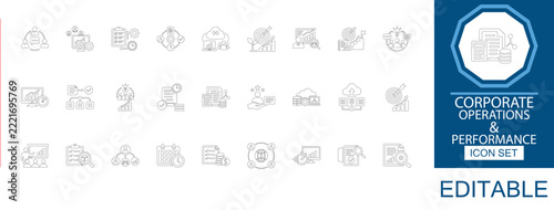 Corporate operations and performance line icon set. Featuring schedule tracking, global network, data audit, and system performance. Editable vector icon for business metric and enterprise goal.