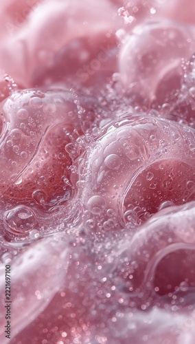 Translucent elastic cells creating dynamic internal pressure patterns beneath motionless scientific material surface