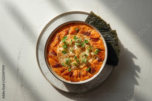 Baked sushi casserole with salmon and seaweed in modern top down culinary styling