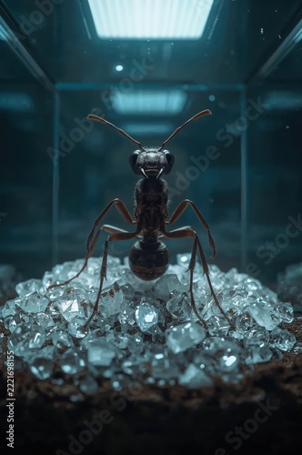Queen ant standing on sugar crystals inside futuristic glass terrarium