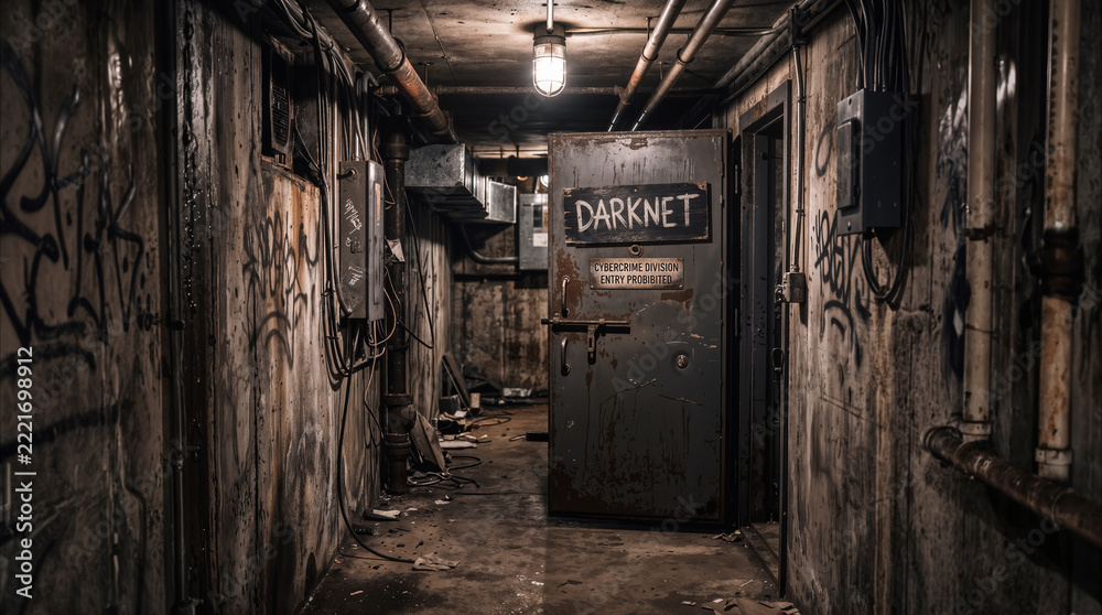 Fototapeta premium Basement hallway featuring heavy metal door with darknet sign. Cybercrime division entry prohibited notice in clandestine underground facility representing illegal digital activities.