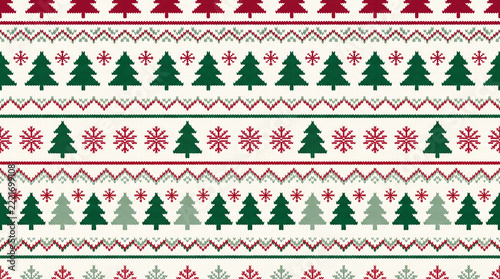 A festive, seamless knitted pattern featuring green pine trees, red snowflakes, and decorative zig-zag borders for Christmas-themed holiday designs.