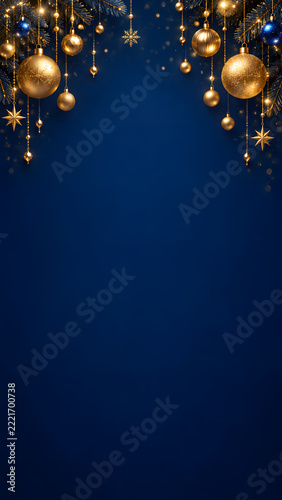Hanging Gold Baubles on a Navy Christmas Background