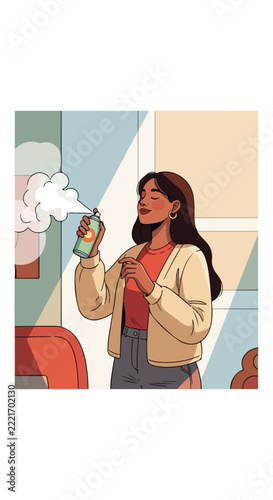 Woman spraying air freshener with eyes closed in a room