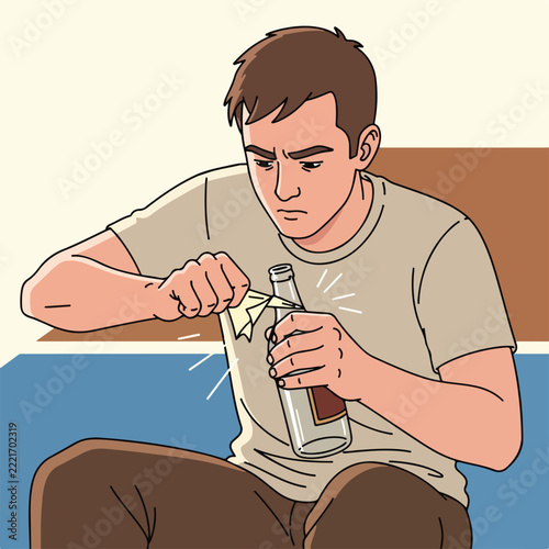 Man struggling to remove label from glass bottle