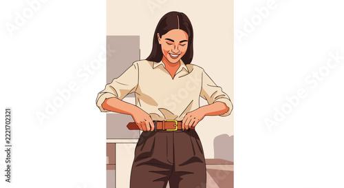 Woman smiling as she fastens her belt
