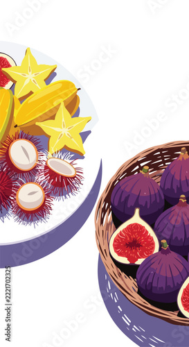 Colorful exotic fruits arranged on a plate and in a basket