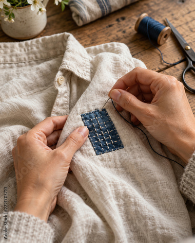 Close-up of an elderly woman's hands carefully knitting colorful wool yarn with wooden needles