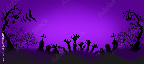 Zombie hands rising from graveyard background for Halloween event banner