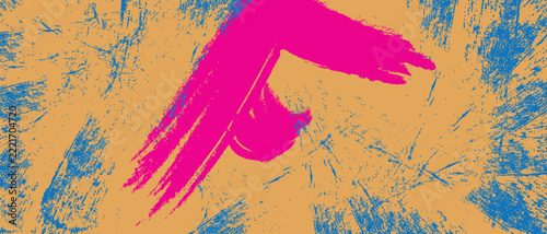Abstract magenta pink brush stroke on orange halftone dotted background with blue grunge splatter texture