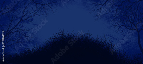Night landscape background with dark forest silhouette and textured blue, Halloween background.
