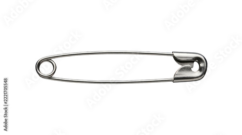 Single silver metal safety pin shown horizontally with a coiled spring on the left and a protective clasp covering the sharp point on the right side, isolated against a plain clean white background