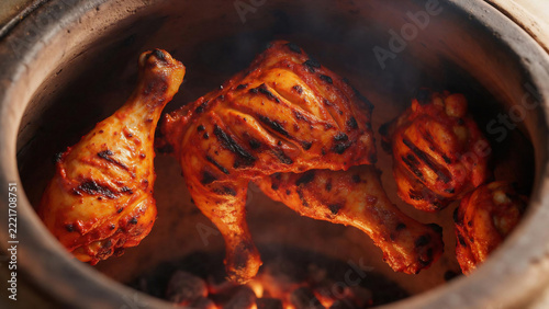 Tandoori Chicken Roasting in a Traditional Clay Oven.