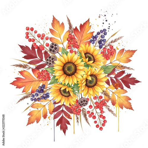 A bouquet of sunflowers and colorful fall leaves