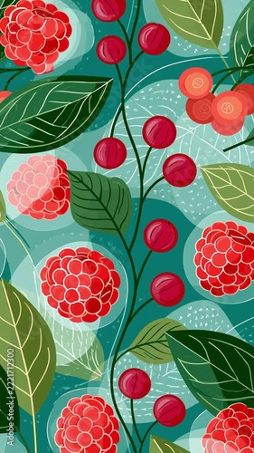 Stylish botanical seamless pattern with tea leaves, raspberries,  acerola berries; sense of movement.