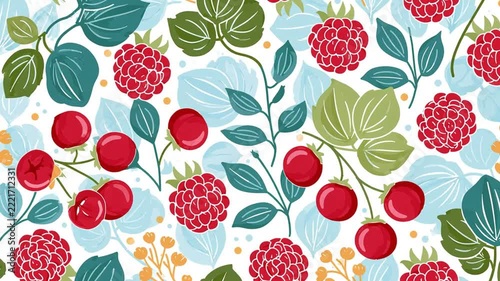 Stylish aesthetic  seamless pattern with tea leaves, raspberries, and acerola berries; sense of movement.