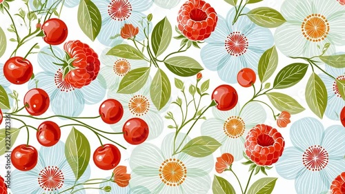 Stylish decorative seamless pattern with tea leaves, raspberries,  health acerola berries; sense of movement.