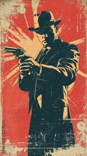Artistic representation featuring a mysterious figure in a hat holding a gun silhouette