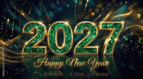 A dazzling and vibrant happy new year 2027 celebration with shimmering gold and emerald tones