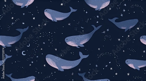 Seamless dark navy ocean pattern with stylized whales, stars and tiny marine details, whimsical sea life illustration and modern nursery surface design