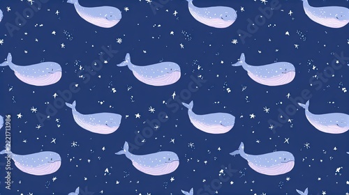 Seamless dark blue pattern with white whales, stars and tiny ocean dots, whimsical marine illustration, nursery decor and playful night surface design
