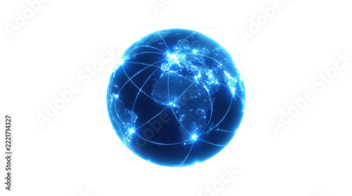Blue digital globe featuring network connections and global technology.