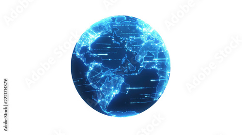 Blue digital globe featuring network connections and global technology.