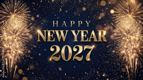 A dazzling and festive happy new year 2027 celebration with sparkling lights and golden hues