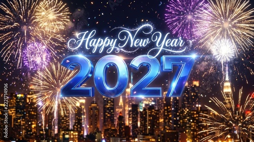 A vibrant and joyful celebration of the upcoming new year 2027 with spectacular fireworks and city lights